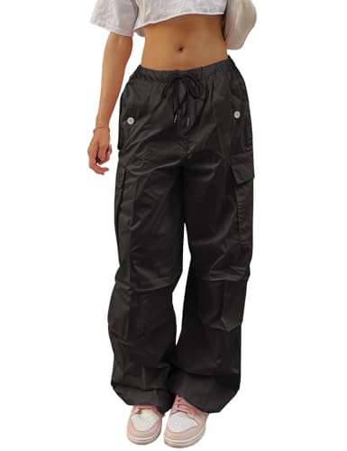 Yuson Girl Cargohose Damen Baggy -Y2K Track Pants Hip Hop Parachute Pants Low-Taille Streetwear Vintage Lang Freizeithose Weite Fallschirm Hose 90er mit Taschen, Kordelzug(Schwarz-2, M) von Yuson Girl