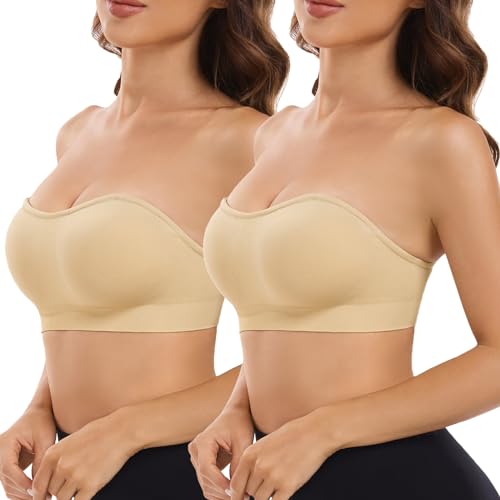 Yuson Girl Damen Bandeau Trägerloser BH Ohne Träger Gepolstert Bralette Strapless Bra Seamless Trägerlos Vollem Halt Rutschfester Bandeau BH Tube Top BH mit Transparenten Trägern(Beige*2, L) von Yuson Girl