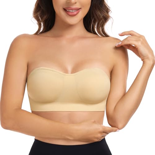 Yuson Girl Damen Bandeau Trägerloser BH Ohne Träger Gepolstert Bralette Strapless Bra Seamless Trägerlos Vollem Halt Rutschfester Bandeau BH Tube Top BH mit Transparenten Trägern(Beige, L) von Yuson Girl