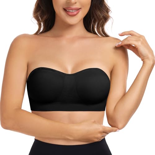 Yuson Girl Damen Bandeau Trägerloser BH Ohne Träger Gepolstert Bralette Strapless Bra Seamless Trägerlos Vollem Halt Rutschfester Bandeau BH Tube Top BH mit Transparenten Trägern(Schwarz, M) von Yuson Girl