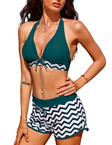 Yuson Girl Damen Bikini Sets Neckholder Oberteil Bandeau Bademode Push up Bikinis Bade Sexy Badeanzug Tanga Bikinis Swimsuit Frauen Zweiteilige Wellenmuster der Schwarzen und Weißen Streifen(Blau, M) von Yuson Girl