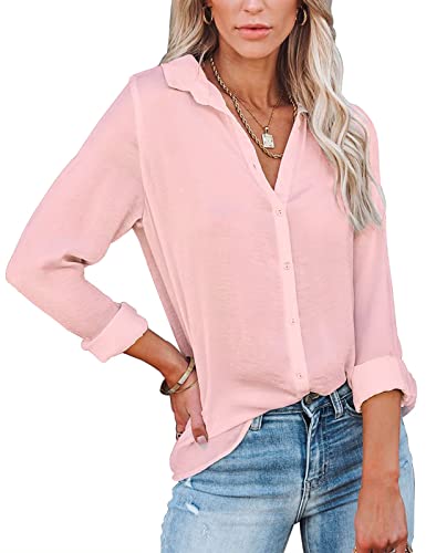 Yuson Girl Damen Bluse V-Ausschnitt Hemd Langarm Elegant Casual Lässige Oberteile Einfarbig Langarmshirt Revers Hemdbluse mit Knöpfen Tops(Rosa, XXL) von Yuson Girl