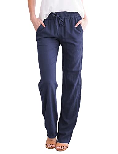 Yuson Girl Damen Freizeit Hose,Sommerhose mit Kordelzug und Taschen,Elegant Baumwolle Leinenhose,Casual Einfarbig Freizeithose für Reisen Casual Daily Outing(Navy blau, XXL) von Yuson Girl