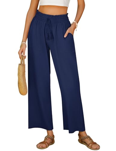 Yuson Girl Damen Sommerhose, Leicht Freizeithose Frauen, Leinenhose Damen Casual,Elegant Baumwolle Hose, Hohe Taille Pants,Lange Lose Strandhosen mit Kordelzug und Taschen(Navy, M) von Yuson Girl