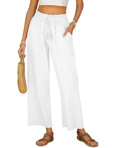 Yuson Girl Damen Sommerhose, Leicht Freizeithose Frauen, Leinenhose Damen Casual,Elegant Baumwolle Hose, Hohe Taille Pants,Lange Lose Strandhosen mit Kordelzug und Taschen(Weiß, S) von Yuson Girl