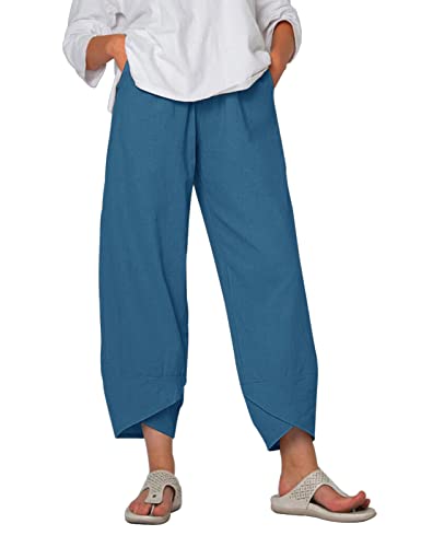 Yuson Girl Damen Sommerhose, Leinenhose Damen Sommer 7/8, Freizeithose Stoffhose, Capris Hose Baumwolle Lässig Hose, High Waist Yogahose, Elastische Taille Leinen Hosen Mit Taschen(Blau, L) von Yuson Girl