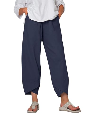 Yuson Girl Damen Sommerhose, Leinenhose Damen Sommer 7/8, Freizeithose Stoffhose, Capris Hose Baumwolle Lässig Hose, High Waist Yogahose, Elastische Taille Leinen Hosen Mit Taschen(Marineblau, M) von Yuson Girl