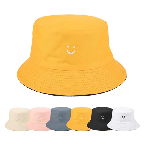 Yuson Girl Fischerhüte Bucket Hat Herren Damen Sommerhut Smile Bestickte Sonnenhut Unisex Reversibe Anglerhut Baumwolle Druck Mütze Outdoor Hüte Sommer Draussenhut Strandhut (Gelb& Schwarz) von Yuson Girl