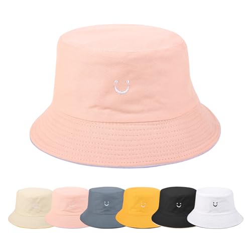 Yuson Girl Fischerhüte Bucket Hat Herren Damen Sommerhut Smile Bestickte Sonnenhut Unisex Reversibe Anglerhut Baumwolle Druck Mütze Outdoor Hüte Sommer Draussenhut Strandhut (Rosa& Lila) von Yuson Girl