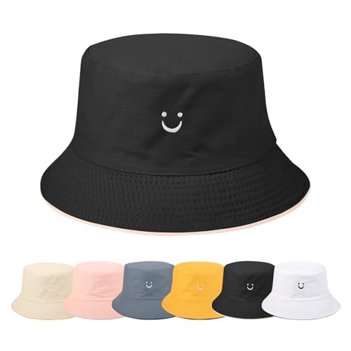 Yuson Girl Fischerhüte Bucket Hat Herren Damen Sommerhut Smile Bestickte Sonnenhut Unisex Reversibe Anglerhut Baumwolle Druck Mütze Outdoor Hüte Sommer Draussenhut Strandhut (Schwarz& Beige) von Yuson Girl