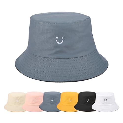 Yuson Girl Fischerhüte Bucket Hat Herren Damen Sommerhut Smile Bestickte Sonnenhut Unisex Reversibe Anglerhut Baumwolle Druck Mütze Outdoor Hüte Sommer Draussenhut Strandhut (Trübes Blau& Schwarz) von Yuson Girl