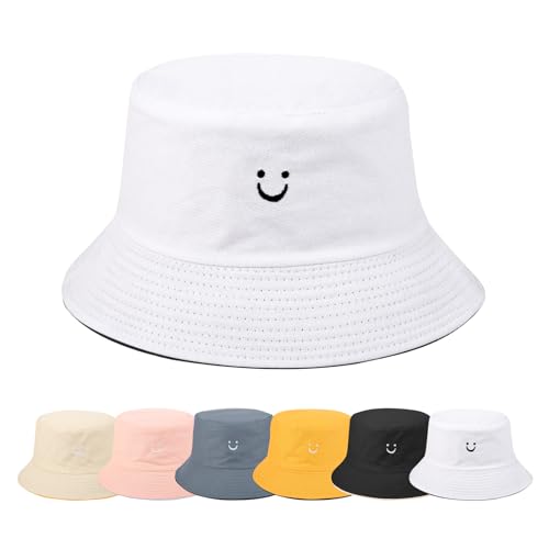 Yuson Girl Fischerhüte Bucket Hat Herren Damen Sommerhut Smile Bestickte Sonnenhut Unisex Reversibe Anglerhut Baumwolle Druck Mütze Outdoor Hüte Sommer Draussenhut Strandhut (Weiß& Schwarz) von Yuson Girl