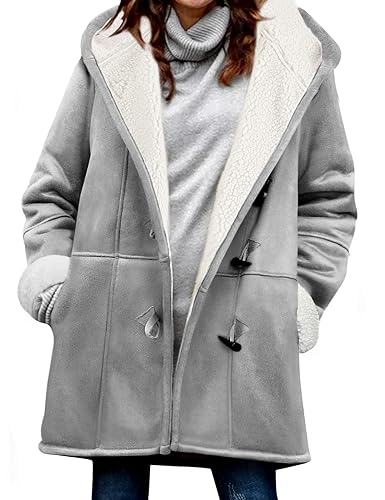 Yuson Girl Winterjacke Damen Lang Wintermantel Wildleder Fleecejacke Lose Winterparka Winter Warm Cardigan Outwear Einfarbig Kapuzenjacke mit Kapuze und Seitentaschen(Hellgrau, XL) von Yuson Girl