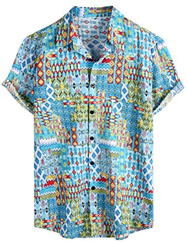 Yuson Girl Hawaii Hemd Männer Funky Hawaiihemd Herren Kurzarm Freizeit Hemd Button Down Baumwolle Sommerhemd Hawaii-Print Strandhemd Urlaub Hemd Strand Beach Reise Shirt(Himmelblau, M) von Yuson Girl