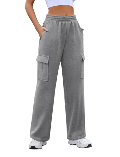 Yuson Girl Jogginghose Damen Gefütterte Cargohose Warme Fleece Baumwolle Freizeithose High Waist Sporthose Lang Thermo Fleece Sweathose Outdoor Kordelzug Traininghose mit Taschen(Dunkelgrau, M) von Yuson Girl