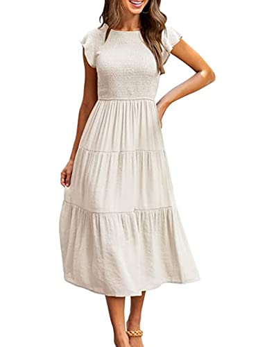 Yuson Girl Kleid Damen Sommerkleid Lang Casual Rundhals Flatterärmel Maxikleider Sommer Knielang Strandkleid Elastische Taille Lang Kleider Gestuftes Rüschen A Linie Kleid(Weiß, S) von Yuson Girl