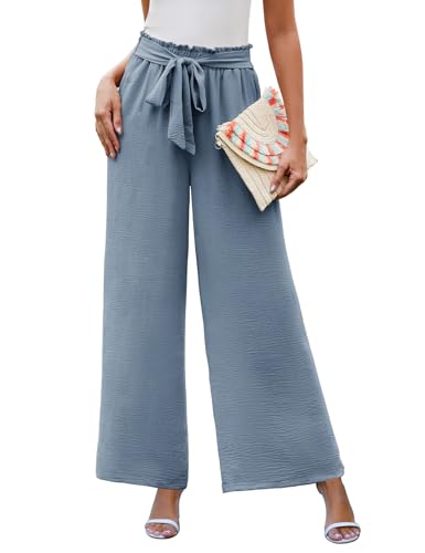 Yuson Girl Palazzo Hose Damen Weites Bein Freizeithose Gerade Geschnitten Anzughose Hohe Taille Sommerhose Leichte Loungehose Elegante Stoffhose mit Taschen, Verstellbare Träger(Blau, M) von Yuson Girl