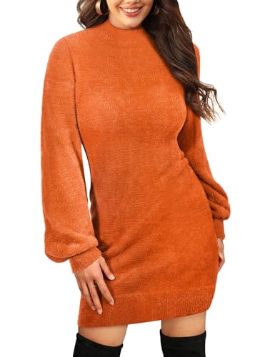 Yuson Girl Strickkleid Damen Winterkleider Langarm Einfarbige Pulloverkleid Elegant Puffärmeln Halb-Rollkragen Kleid Tunika Minikleid Hohe Elastizität Partykleid Sexy Herbst Winter(Orange, XL) von Yuson Girl