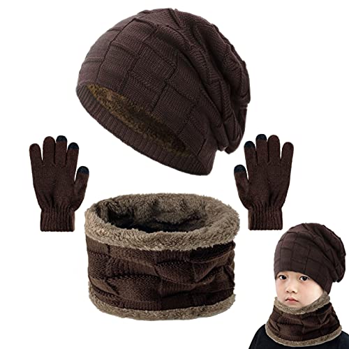 Yutdeng Baby Winter Warm Knit Mütze Hut Schal Handschuhe Set Touchscreen-Handschuhe Strick mit Kreis Loop Schal Fleece Gefüttert für Ski 3-in-1 Mütze Winter-Set Unisex 4-13Jahre,1-Braun,One size von Yutdeng