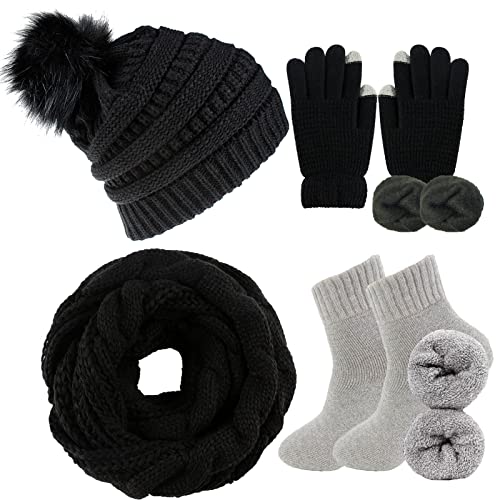 Yutdeng Beanie Mütze Schal Set Winter Touchscreen Handschuhe Plüsch Socken Warm 4pcs Damen Strickmütze mit Pompon Fleece Handschuhe Herren Langer Schal Socke Winter komfort,Schwarz,One size von Yutdeng