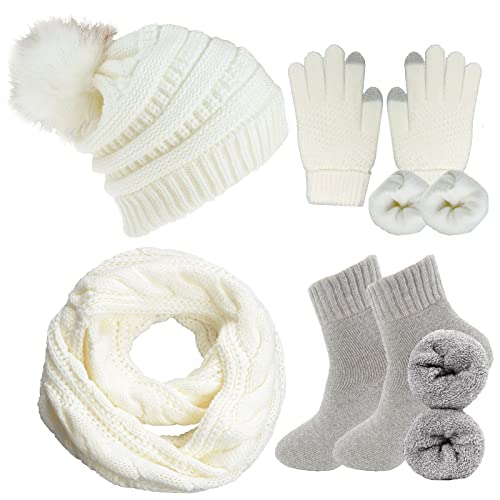 Yutdeng Beanie Mütze Schal Set Winter Touchscreen Handschuhe Plüsch Socken Warm 4pcs Damen Strickmütze mit Pompon Fleece Handschuhe Herren Langer Schal Socke Winter komfort,Weiß,One size von Yutdeng