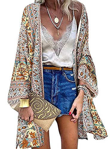 Yutdeng Bikini Cover Up Damen Blumendruck Kimono Strickjacke Bohème Cardigan Strandkleid Bedecken Pareos Sommer Strand Poncho Boho Vertuschen Shirt Badeanzug Elegant,Beige,M von Yutdeng