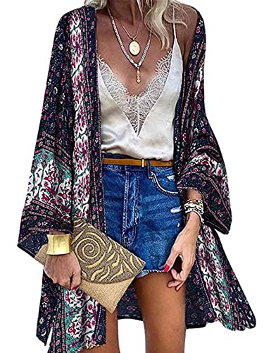 Yutdeng Bikini Cover Up Damen Blumendruck Kimono Strickjacke Bohème Cardigan Strandkleid Bedecken Pareos Sommer Strand Poncho Boho Vertuschen Shirt Badeanzug Elegant,Marineblau,XL von Yutdeng