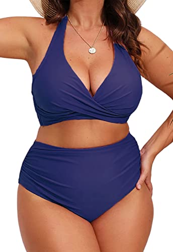 Yutdeng Bikini Damen Große Größen High Waist Bauchweg Bikini Push Up Twist Front Triangel Neckholder Bikini Gepolstert V Ausschnitt Große Brüste Bademode Plus Size Badeanzug,Marineblau,3XL von Yutdeng