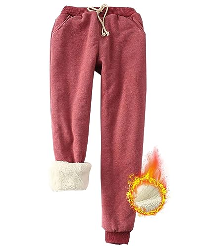 Yutdeng Damen Hose Warme Jogginghose Fleece Hosen Winter Thermo Sporthosen Sherpa Gefüttert Sweathose Frauen Sweatpants Verdickter Trainingshose Lang Casual Jogger Hose mit Taschen,Weinrot,XL von Yutdeng