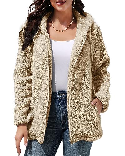 Yutdeng Damen Kapuzenpullover Winter Plüschjacke Warm Fleecejacke mit Tasche Kapuzenjacke Lässige Kapuzenpullover Damen mit Zip Hoodie Plüsch Winterjacken Teddy Fleece Jacke Verdickt Bequem,Khaki,S von Yutdeng