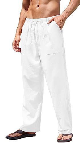 Yutdeng Herren Hose Lang Leinen Baumwolle Hose mit Kordelzug Leicht Freizeithose Casual Leinenhose mit Taschen Gerade Hosen Urlaub Strandhose Einfarbig Sommerhose für Männer,Weiß,XL von Yutdeng