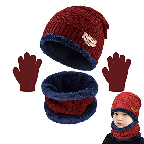 Yutdeng Kinder Mütze Schal Set Junge Mädchen Wintermütze Jungen Gefüttert Winter Beanie Strickmütze Kinder Warm Fleece Innenfutter Winterschal Winterhandschuhe 5-12 Jahre, Rot von Yutdeng