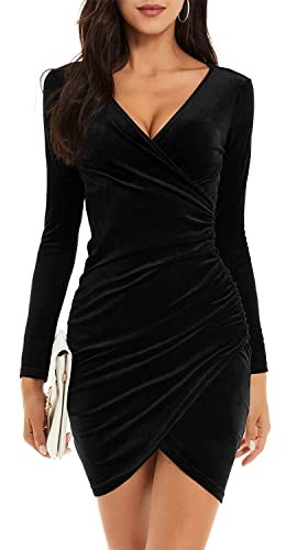 Yutdeng Kleider Damen Elegant Partykleid Samt V Ausschnitt Langarm Minikleid Cocktailkleid Abendkleid Bodycon Kleid mit Schlitz Kleider Eng Festlich Winterkleid, Schwarz, M von Yutdeng