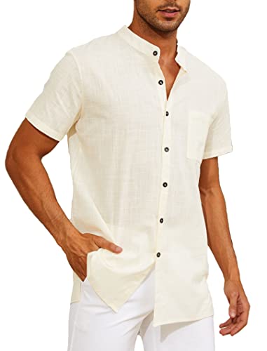 Yutdeng Leinenhemd Herren Kurzarm Hemd Sommerhemd Stehkragenhemd Casual Strandhemd Sommer Hemden Regular Fit Freizeithemden für Herren Leinen Hemd Kurzarmhemd Stehkragen Shirt,Beige,S von Yutdeng