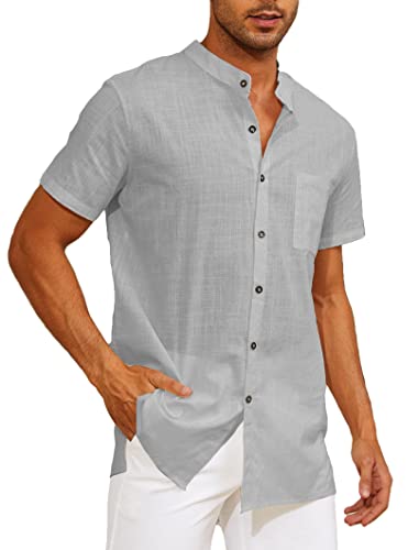 Yutdeng Leinenhemd Herren Kurzarm Hemd Sommerhemd Stehkragenhemd Casual Strandhemd Sommer Hemden Regular Fit Freizeithemden für Herren Leinen Hemd Kurzarmhemd Stehkragen Shirt,Grau,XL von Yutdeng