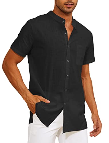 Yutdeng Leinenhemd Herren Kurzarm Hemd Sommerhemd Stehkragenhemd Casual Strandhemd Sommer Hemden Regular Fit Freizeithemden für Herren Leinen Hemd Kurzarmhemd Stehkragen Shirt,Schwarz,L von Yutdeng