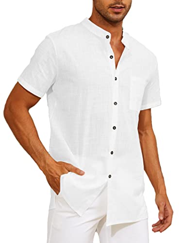 Yutdeng Leinenhemd Herren Kurzarm Hemd Sommerhemd Stehkragenhemd Casual Strandhemd Sommer Hemden Regular Fit Freizeithemden für Herren Leinen Hemd Kurzarmhemd Stehkragen Shirt,Weiß,L von Yutdeng