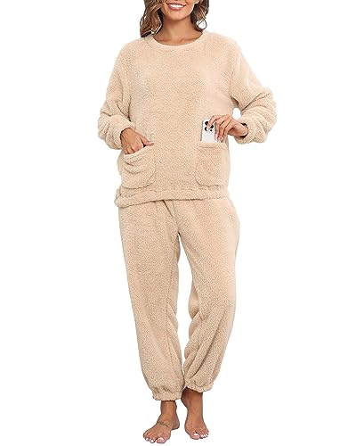 Yutdeng Pyjama Set Damen Winter Warm Plüsch Schlafanzug Set mit Taschen Herren Zweiteiliger Nachtwäsche Sleepwear Loungewear Langarm Oberteil und Hosen Warme Hausanzug Freizeitanzug,Beige,XXL von Yutdeng