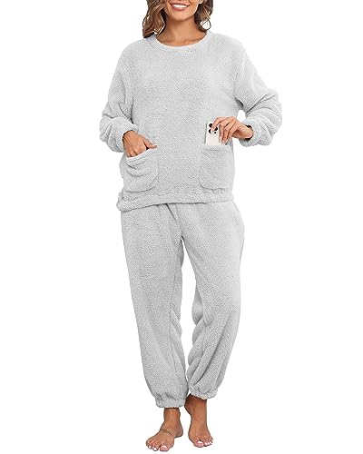 Yutdeng Pyjama Set Damen Winter Warm Plüsch Schlafanzug Set mit Taschen Herren Zweiteiliger Nachtwäsche Sleepwear Loungewear Langarm Oberteil und Hosen Warme Hausanzug Freizeitanzug,Hellgrau,S von Yutdeng