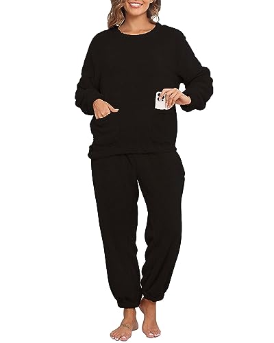 Yutdeng Pyjama Set Damen Winter Warm Plüsch Schlafanzug Set mit Taschen Herren Zweiteiliger Nachtwäsche Sleepwear Loungewear Langarm Oberteil und Hosen Warme Hausanzug Freizeitanzug,Schwarz,L von Yutdeng