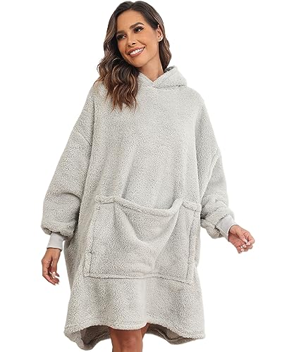 Yutdeng Übergroße Hoodie Damen Kapuzenpullover Kuschel Hoodie Decke mit Kapuze Herren Teddy Pullover Decke mit Ärmeln Winter Warm Decken Hoodie Blanket Kuscheljacke Flauschig Teddyfleece,Hellgrau von Yutdeng