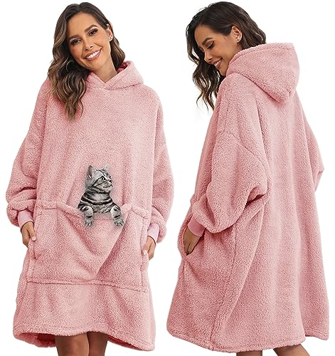 Yutdeng Übergroße Kapuzenpullover Damen Herren Sweatshirt Oversize Winter Hoodie Kurz Kapuzenpullover Decke mit Große Fronttasche Bequem Plüsch Hoodies Warm Pulloverdecke mit Kapuz,Rosa,One Size von Yutdeng