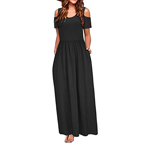 Yuwegr Boho Damen Strandkleid mit Tasche Solide Farbe Maxikleid Sexy Ärmelloses Casual Kalte Schulter Sommerkleid Frauen Lose Kleid (Schwarz,L) von Yuwegr