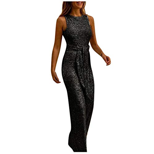 Yuwegr Damen Jumpsuit Ärmellose Rundhals Einfarbig Pailletten Mode Breites Bein Frauen Overall mit Gürtel Sommer Party Playsuit Lang Romper (EU-36/CN-S, Schwarz) von Yuwegr