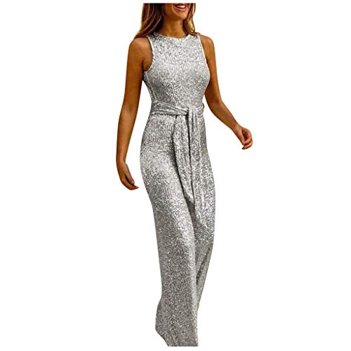 Yuwegr Damen Jumpsuit Ärmellose Rundhals Einfarbig Pailletten Mode Breites Bein Frauen Overall mit Gürtel Sommer Party Playsuit Lang Romper (EU-36/CN-S, Silber) von Yuwegr