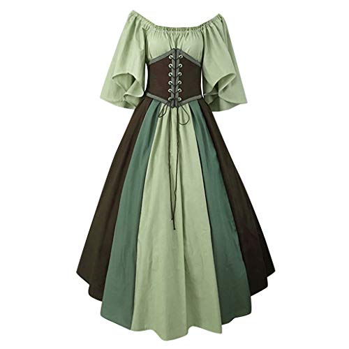 Yuwegr Damen Kleider Mittelalter Renaissance Vintage Gothic Kleid Frauen Schulterfrei Patchwork Maxikleid Party Lange Kleid Plus Size (M, Grün) von Yuwegr