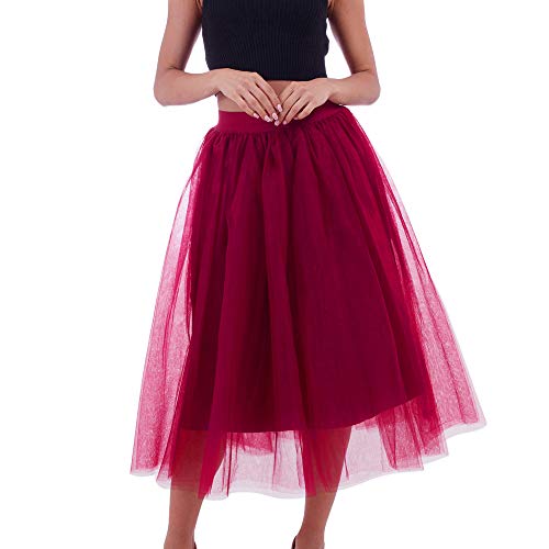 Yuwegr Damen Rock Mesh Tüllrock Sommer Casual Skirt Elastische Hohe Taille Lange Bubble Röcke 6 Farbe Free Size (One Size, Rot) von Yuwegr