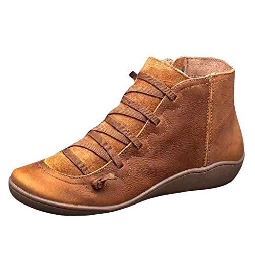 Yuwegr Damen Stiefeletten Casual Bequem Flach Stiefel Leder Retro Schnürstiefel Reißverschluss Kurz Wanderschuhe Kunstleder Schuhe Outdoor Boots Frauen 34.5EU-42.5EU (35.5 EU, Braun01) von Yuwegr