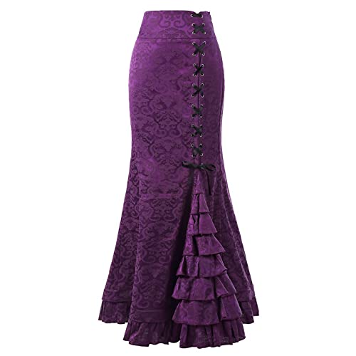 Yuwegr Frauen Rock Punkart Retro Meerjungfrau Skirt Engen Rüsche Fishtail Lange Damen Röcke (W1-Purple, XXL) von Yuwegr