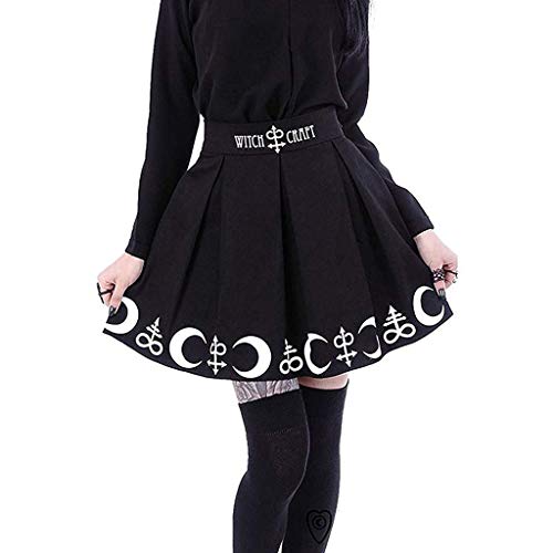 Yuwegr Frauen Röcke Gothic Punk Mond Zaubersymbole Plissee Mini Rock Hohe Taille A-Linie Kurze Faltenrock S-2XL (L, Schwarz) von Yuwegr